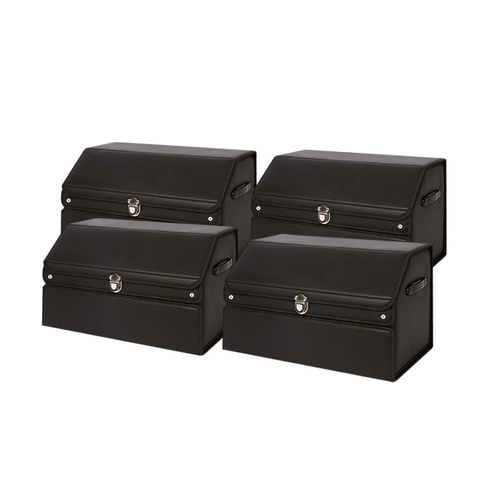 1-SOGA 4X 56cm Leather Car Boot Collapsible Foldable Trunk Cargo Organizer Portable Storage Box with Lock Black
