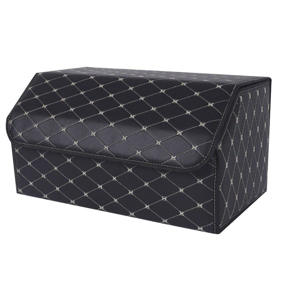 1-SOGA Leather Car Boot Collapsible Foldable Trunk Cargo Organizer Portable Storage Box Black/Gold Stitch Large