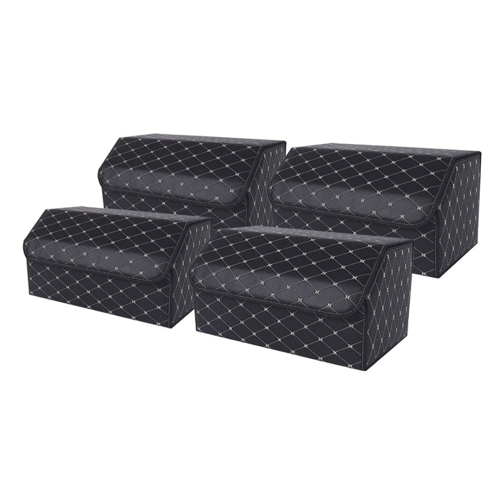 1-SOGA 4X Leather Car Boot Collapsible Foldable Trunk Cargo Organizer Portable Storage Box Black/Gold Stitch Large
