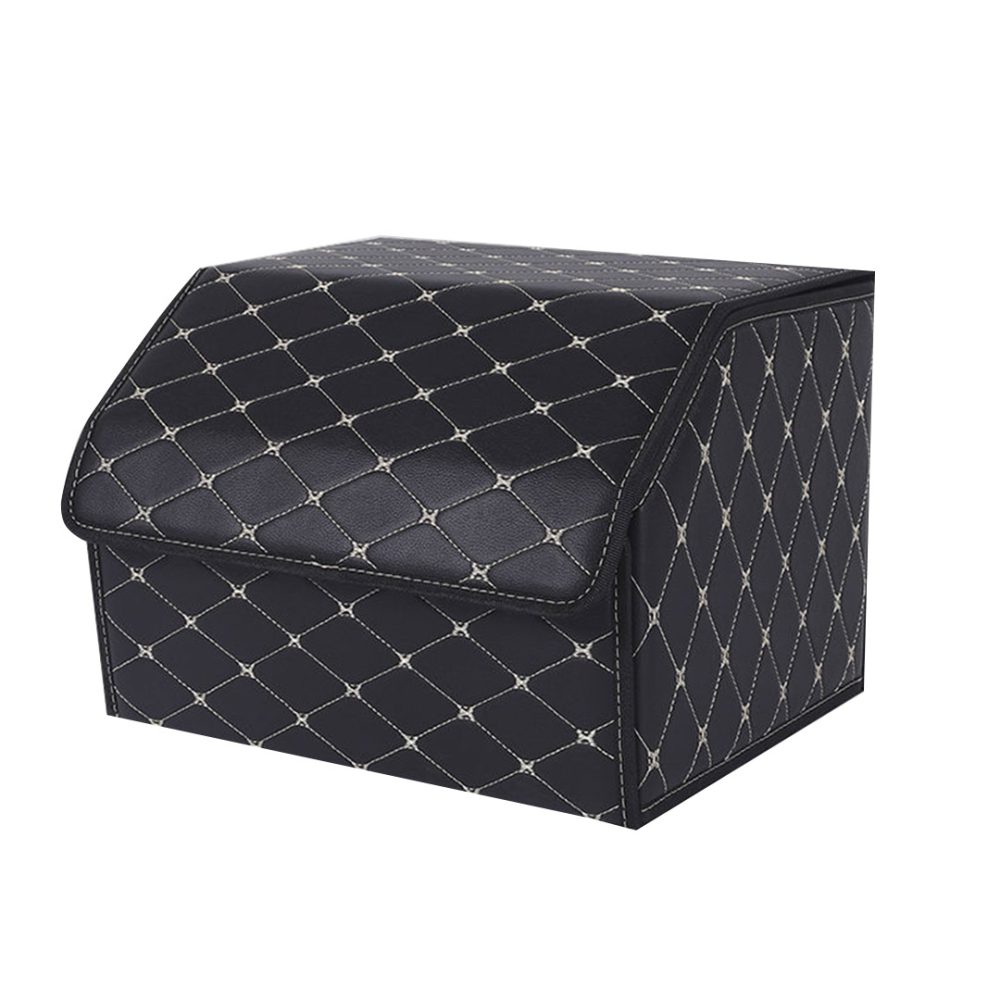 1-SOGA Leather Car Boot Collapsible Foldable Trunk Cargo Organizer Portable Storage Box Black/Gold Stitch Medium