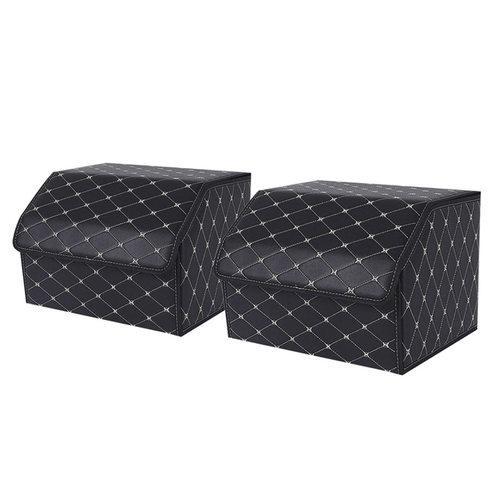 1-SOGA 2X Leather Car Boot Collapsible Foldable Trunk Cargo Organizer Portable Storage Box Black/Gold Stitch Medium