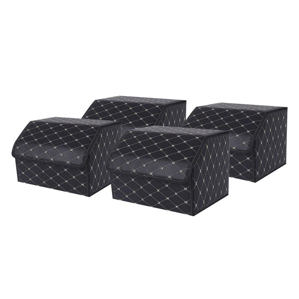 1-SOGA 4X Leather Car Boot Collapsible Foldable Trunk Cargo Organizer Portable Storage Box Black/Gold Stitch Medium