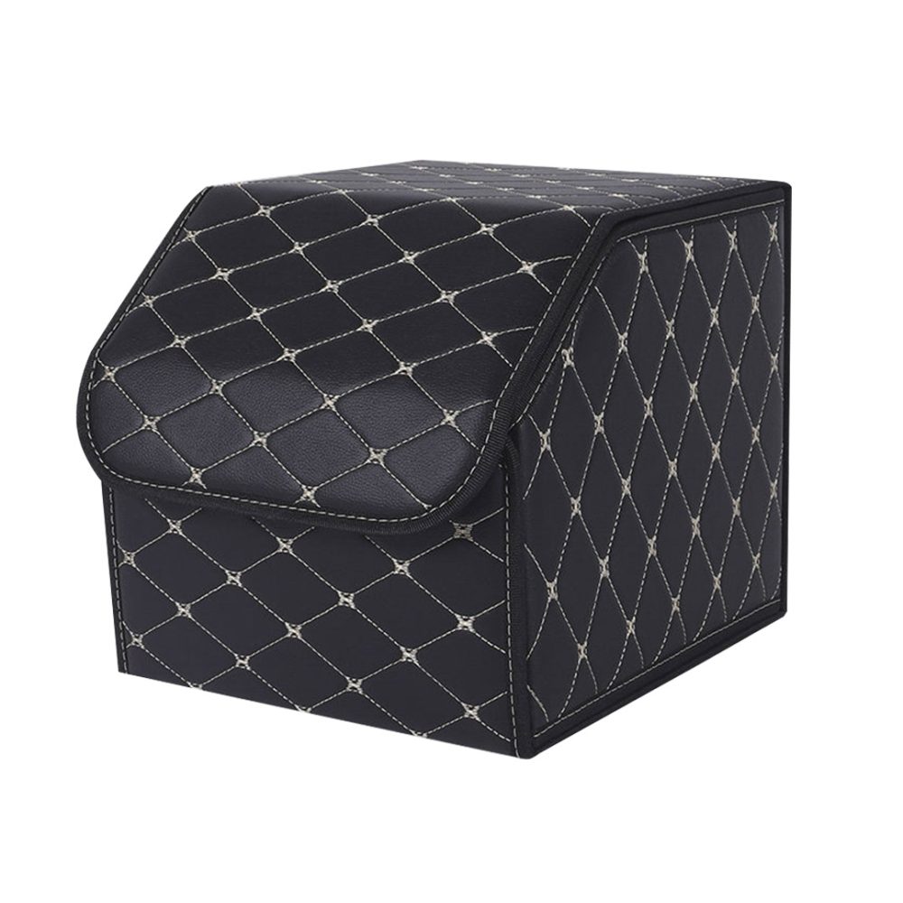1-SOGA Leather Car Boot Collapsible Foldable Trunk Cargo Organizer Portable Storage Box Black/Gold Stitch Small