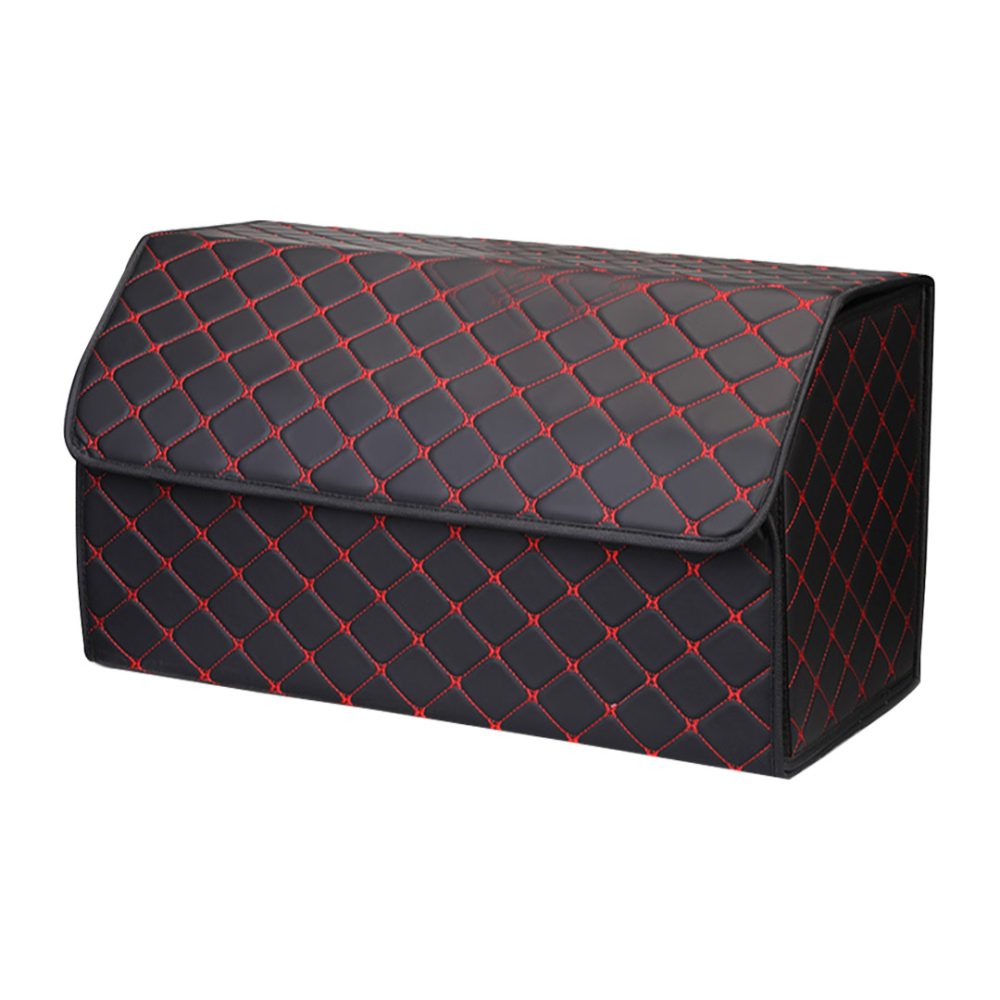 1-SOGA Leather Car Boot Collapsible Foldable Trunk Cargo Organizer Portable Storage Box Black/Red Stitch Large