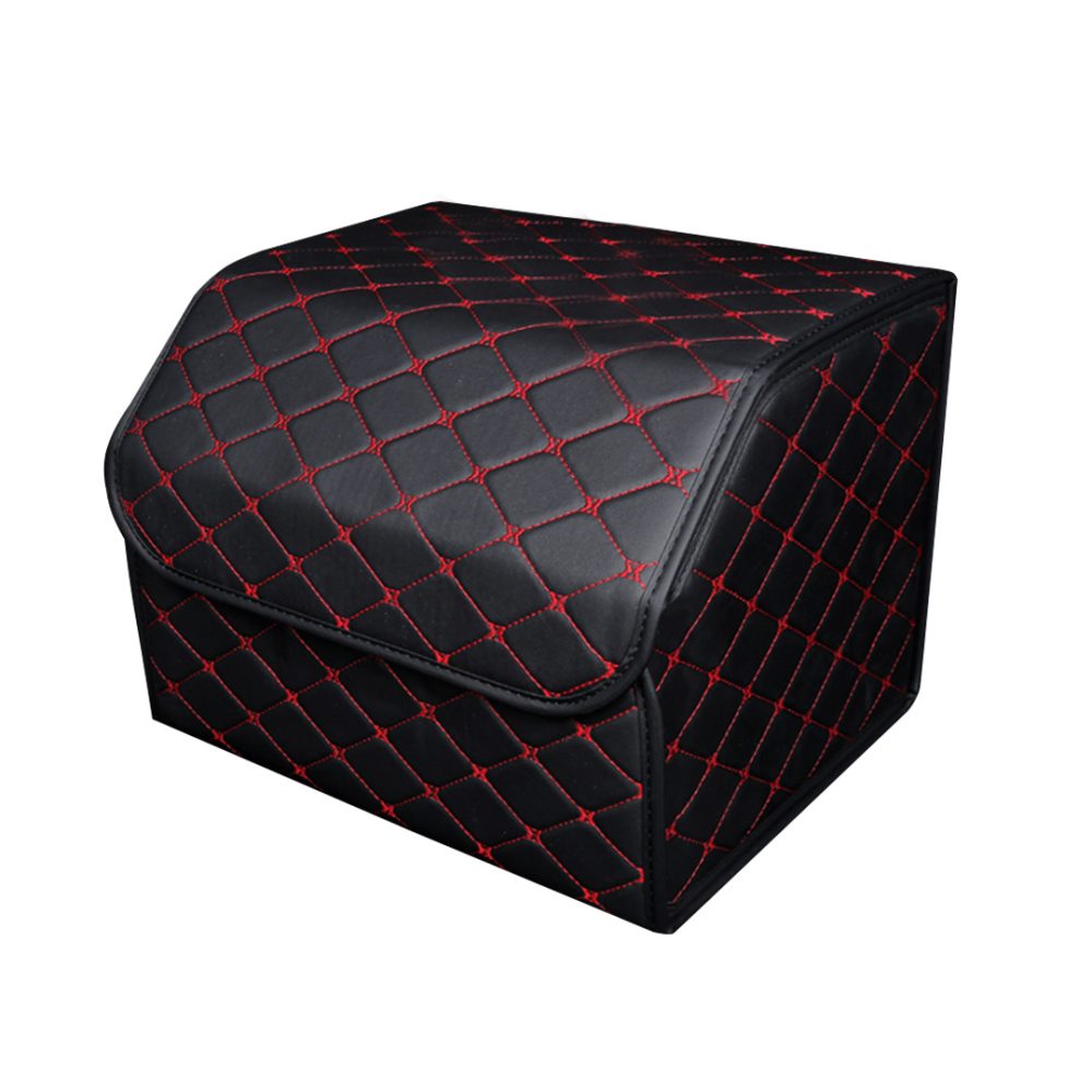 1-SOGA Leather Car Boot Collapsible Foldable Trunk Cargo Organizer Portable Storage Box Black/Red Stitch Medium