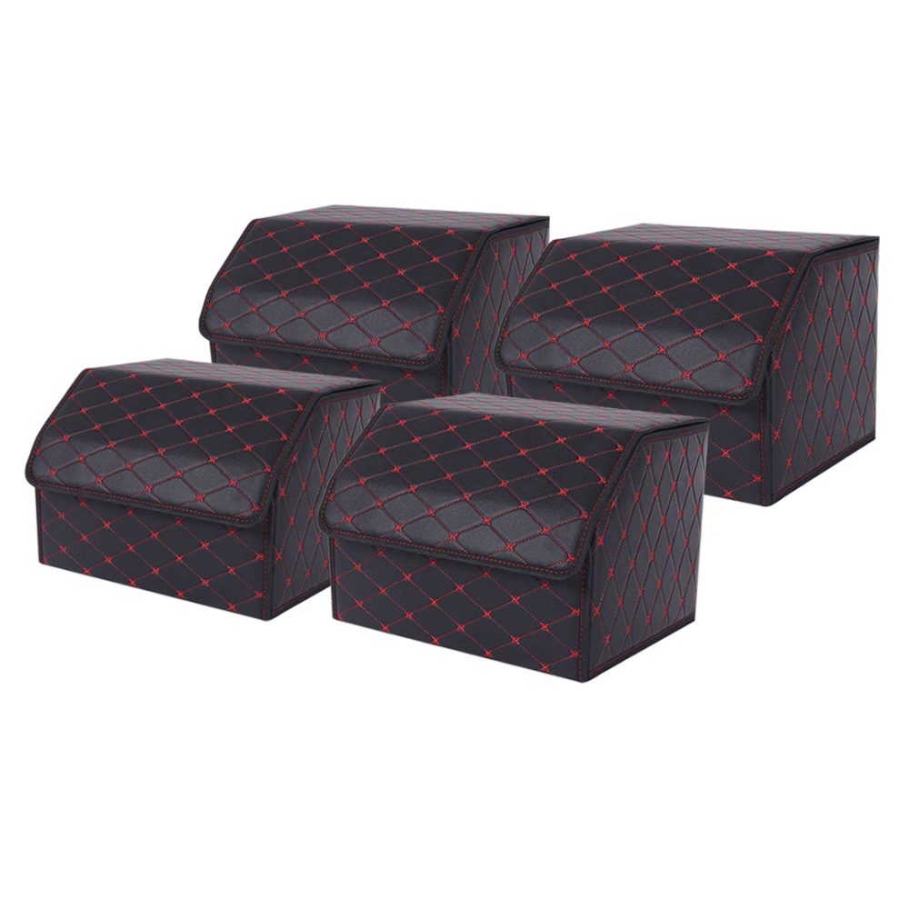 1-SOGA 4X Leather Car Boot Collapsible Foldable Trunk Cargo Organizer Portable Storage Box Black/Red Stitch Medium