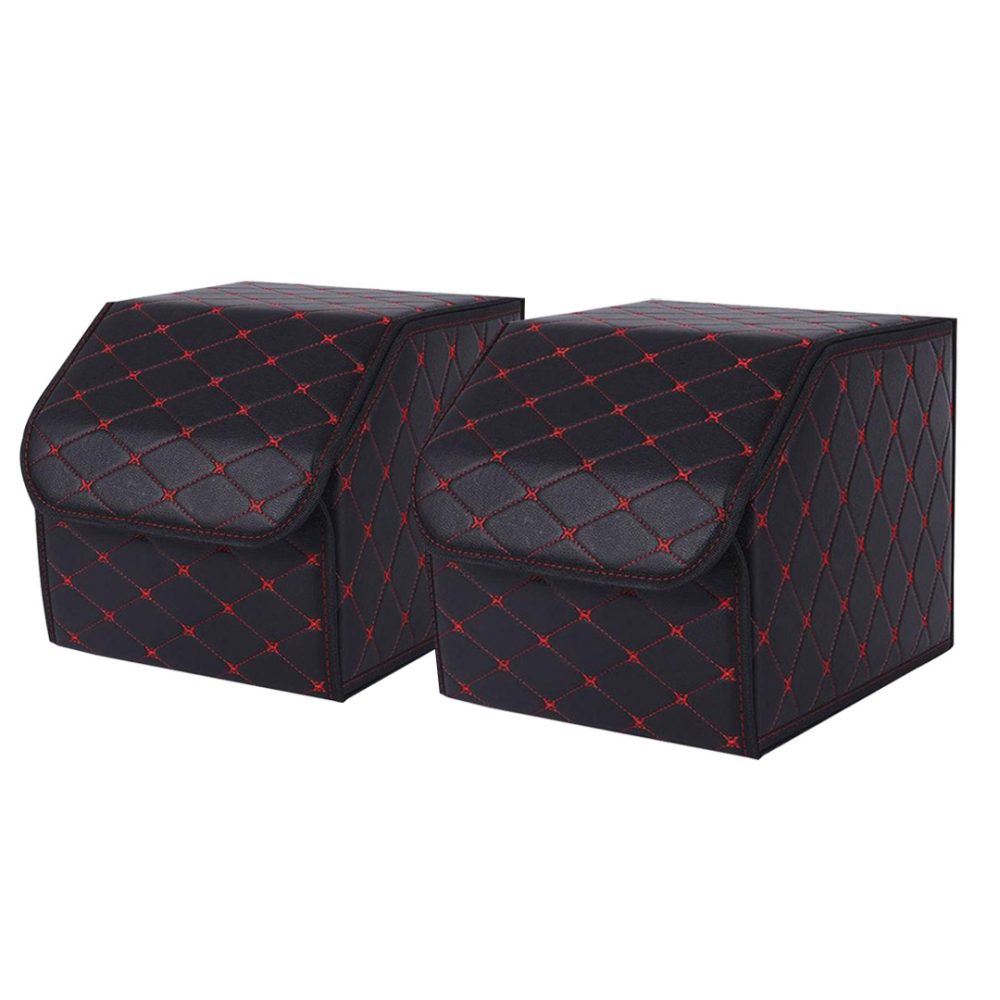 1-SOGA 2X Leather Car Boot Collapsible Foldable Trunk Cargo Organizer Portable Storage Box Black/Red Stitch Small