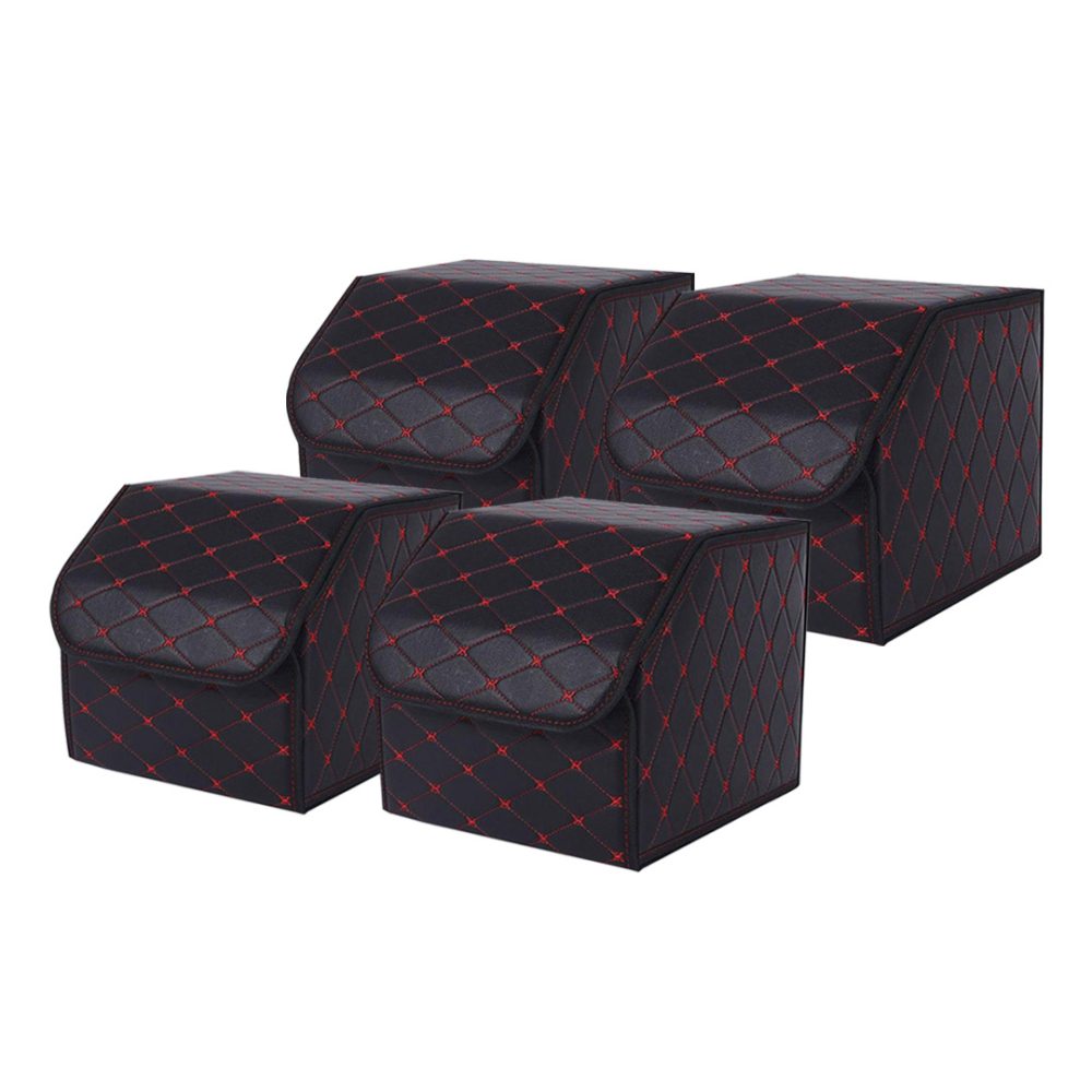 1-SOGA 4X Leather Car Boot Collapsible Foldable Trunk Cargo Organizer Portable Storage Box Black/Red Stitch Small