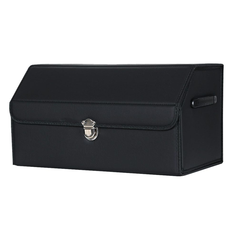 1-SOGA Leather Car Boot Collapsible Foldable Trunk Cargo Organizer Portable Storage Box With Lock Black Medium