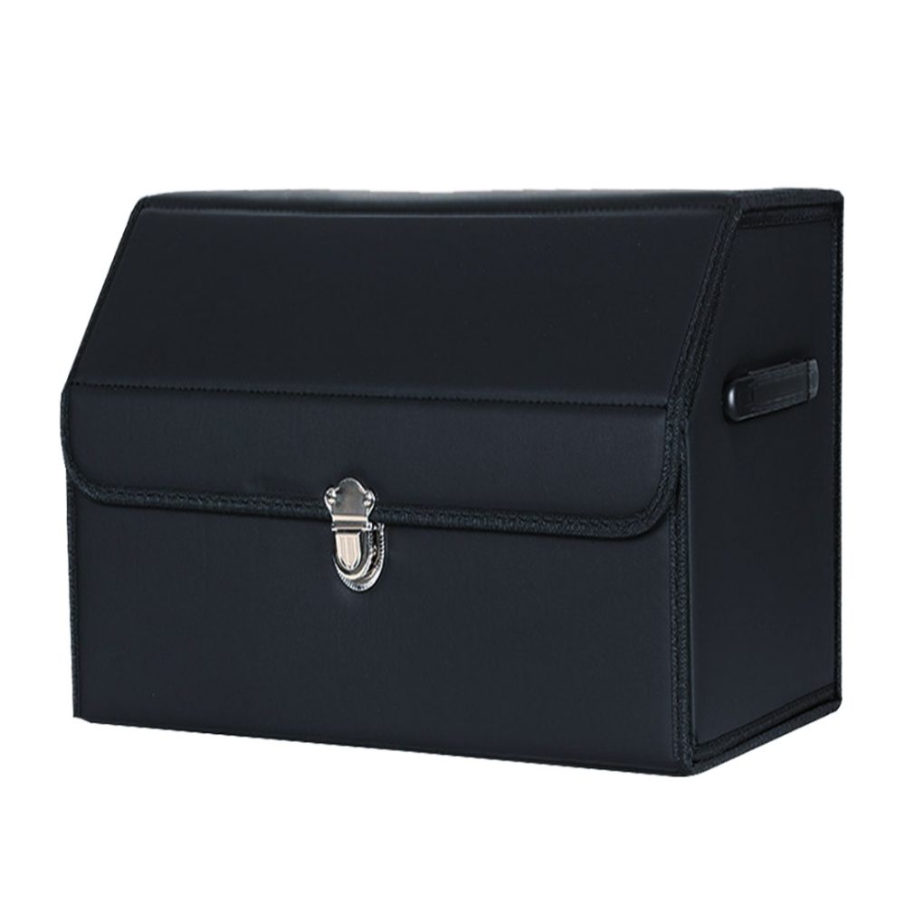 1-SOGA Leather Car Boot Collapsible Foldable Trunk Cargo Organizer Portable Storage Box With Lock Black Small