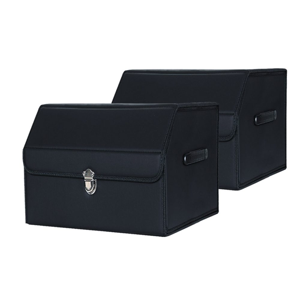 1-SOGA 2X Leather Car Boot Collapsible Foldable Trunk Cargo Organizer Portable Storage Box With Lock Black Small
