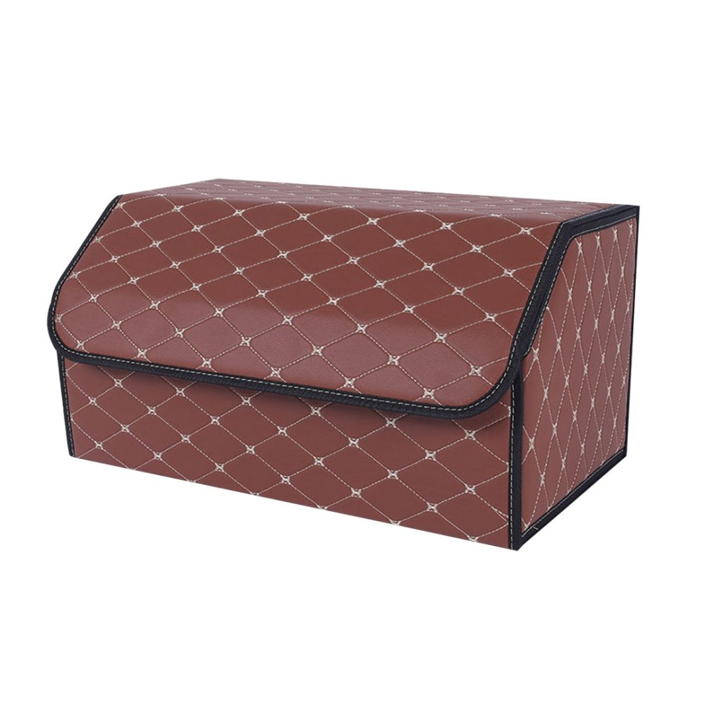 1-SOGA Leather Car Boot Collapsible Foldable Trunk Cargo Organizer Portable Storage Box Coffee/Gold Stitch Large