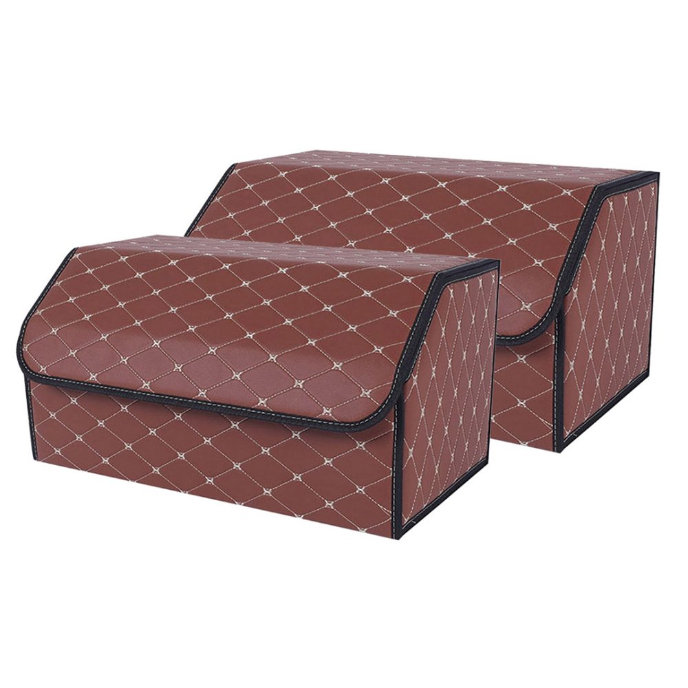 1-SOGA 2X Leather Car Boot Collapsible Foldable Trunk Cargo Organizer Portable Storage Box Coffee/Gold Stitch Large