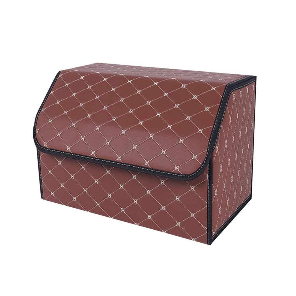 1-SOGA Leather Car Boot Collapsible Foldable Trunk Cargo Organizer Portable Storage Box Coffee/Gold Stitch Medium