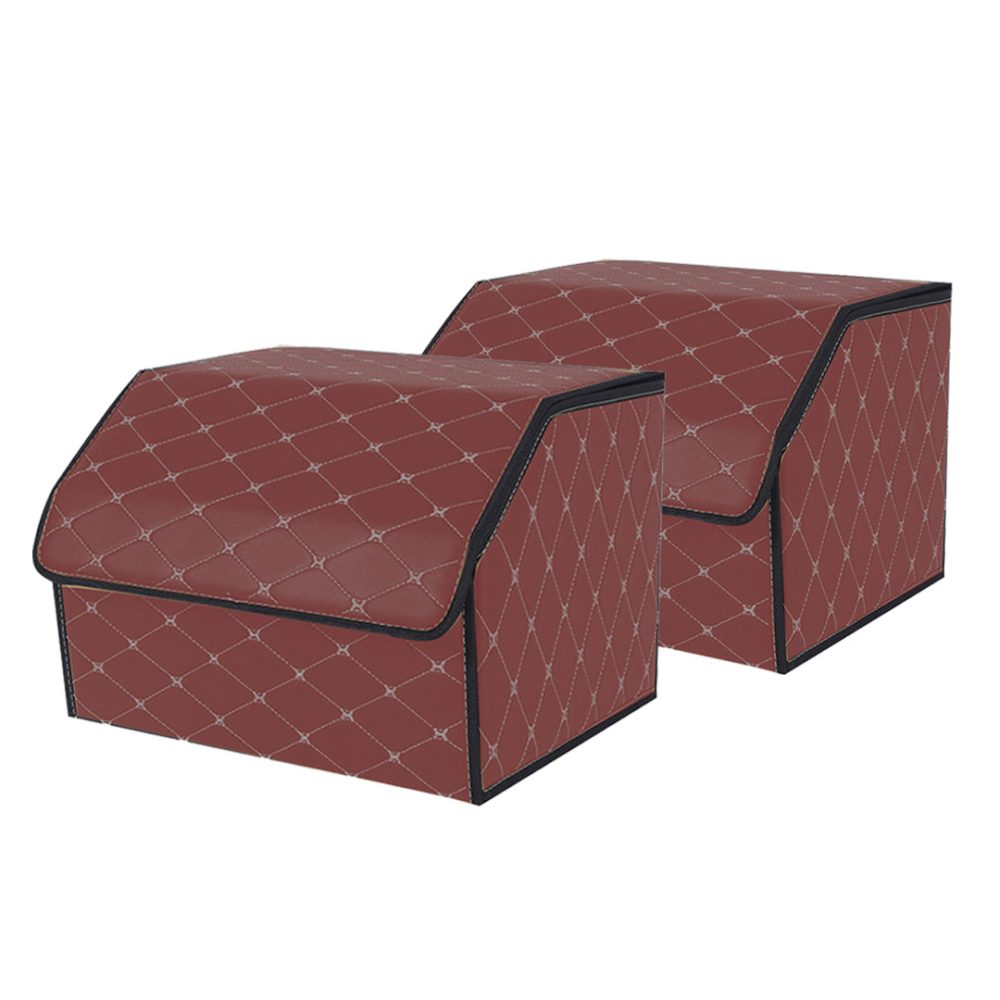 1-SOGA 2X Leather Car Boot Collapsible Foldable Trunk Cargo Organizer Portable Storage Box Coffee/Gold Stitch Medium