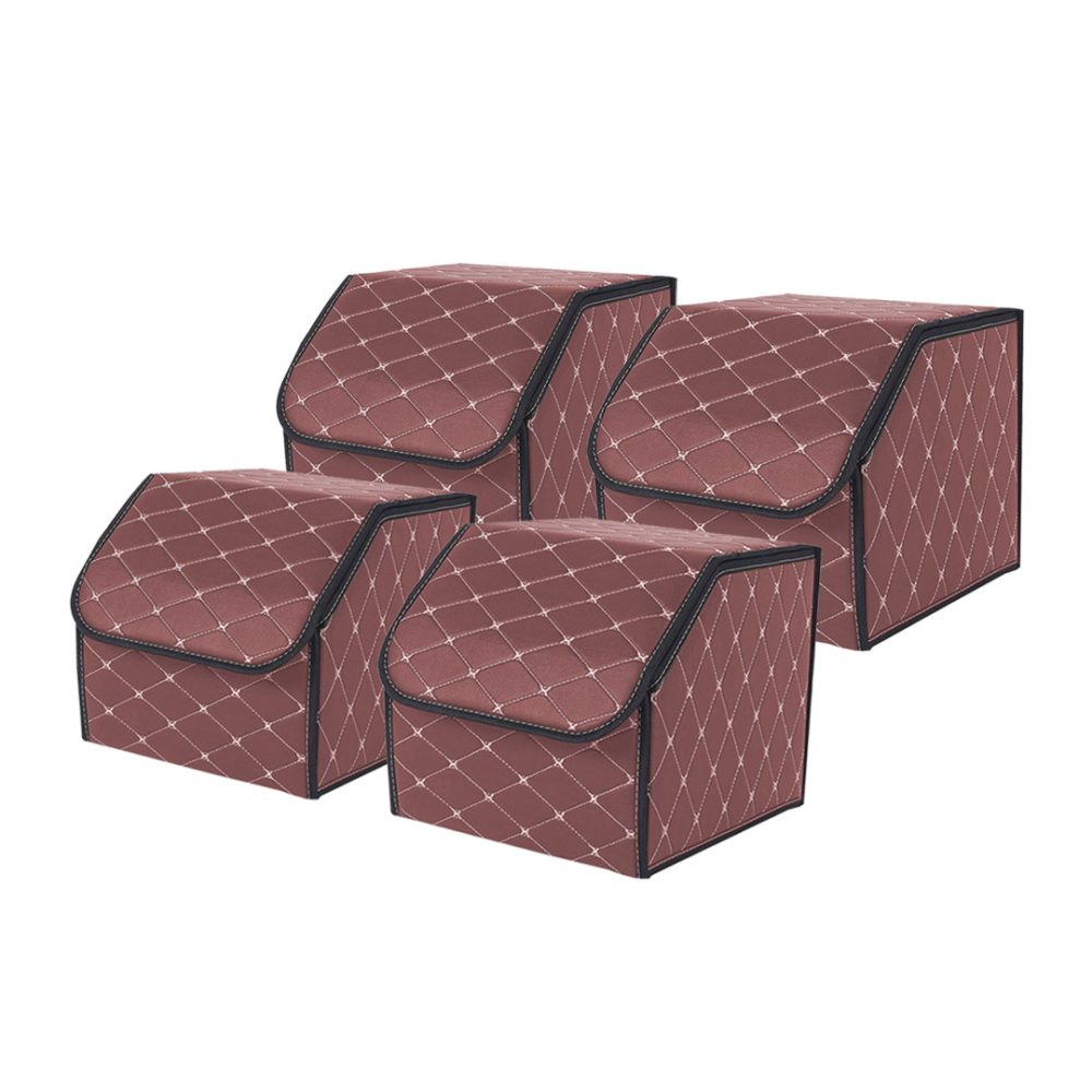 1-SOGA 4X Leather Car Boot Collapsible Foldable Trunk Cargo Organizer Portable Storage Box Coffee/Gold Stitch Small