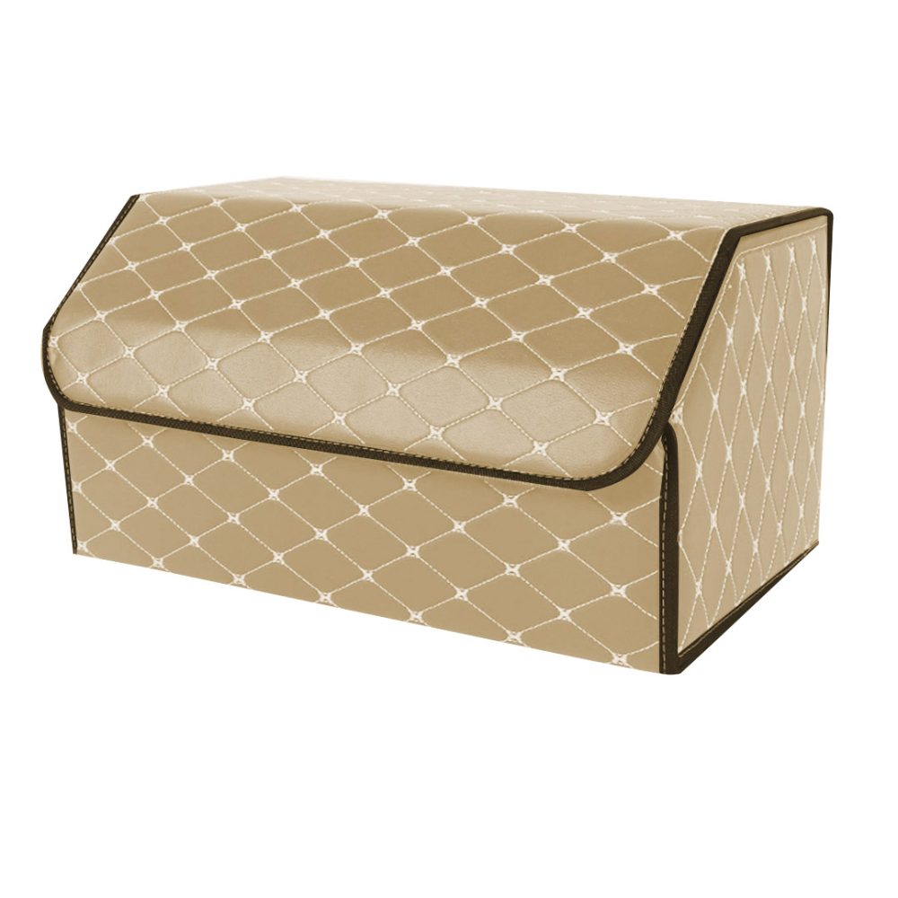 1-SOGA Leather Car Boot Collapsible Foldable Trunk Cargo Organizer Portable Storage Box Beige/Gold Stitch Large