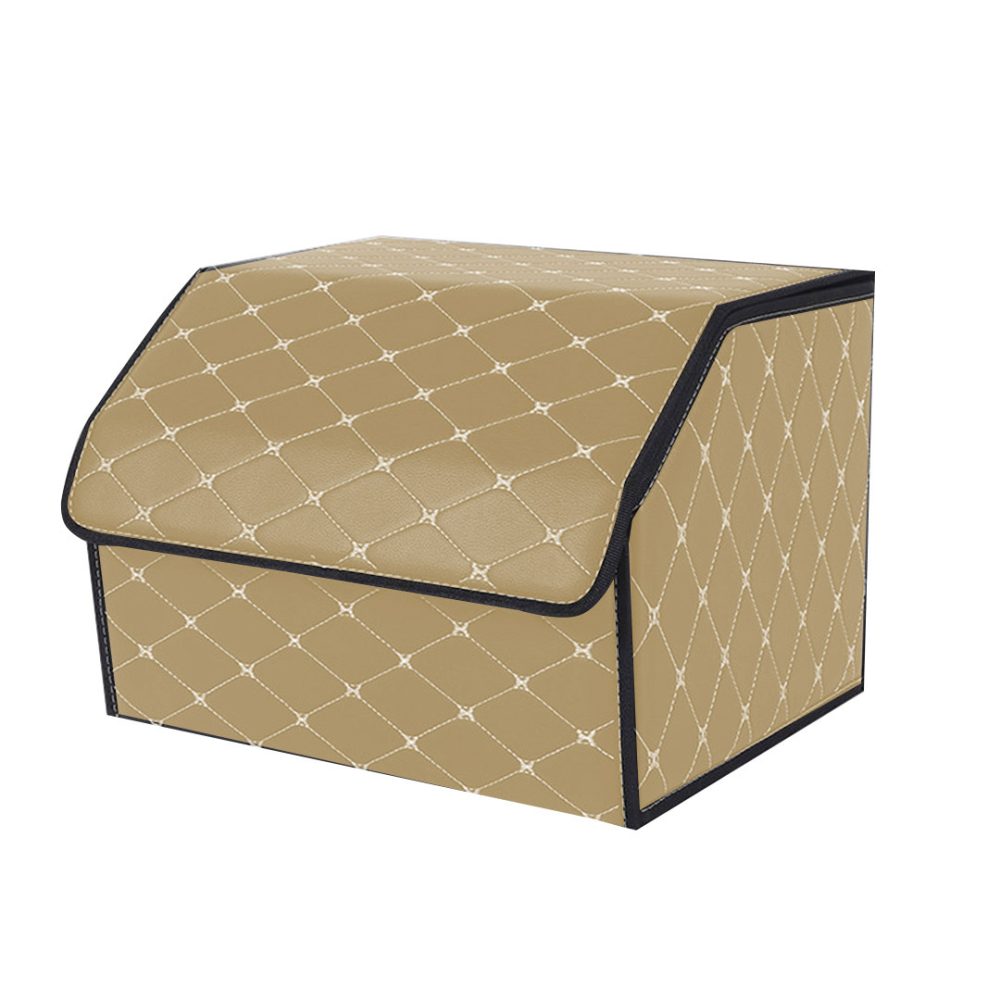 1-SOGA Leather Car Boot Collapsible Foldable Trunk Cargo Organizer Portable Storage Box Beige/Gold Stitch Medium