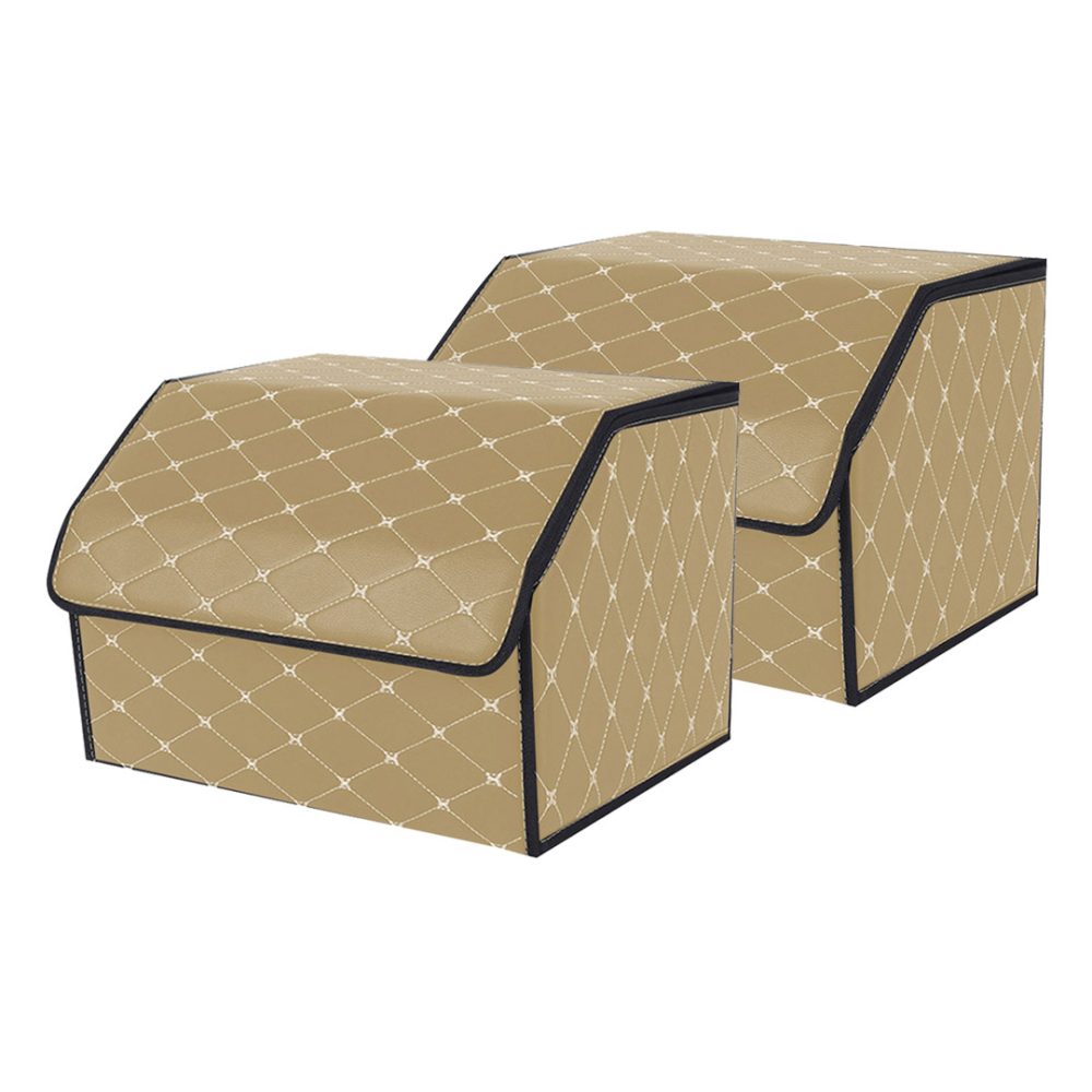 1-SOGA 2X Leather Car Boot Collapsible Foldable Trunk Cargo Organizer Portable Storage Box Beige/Gold Stitch Medium