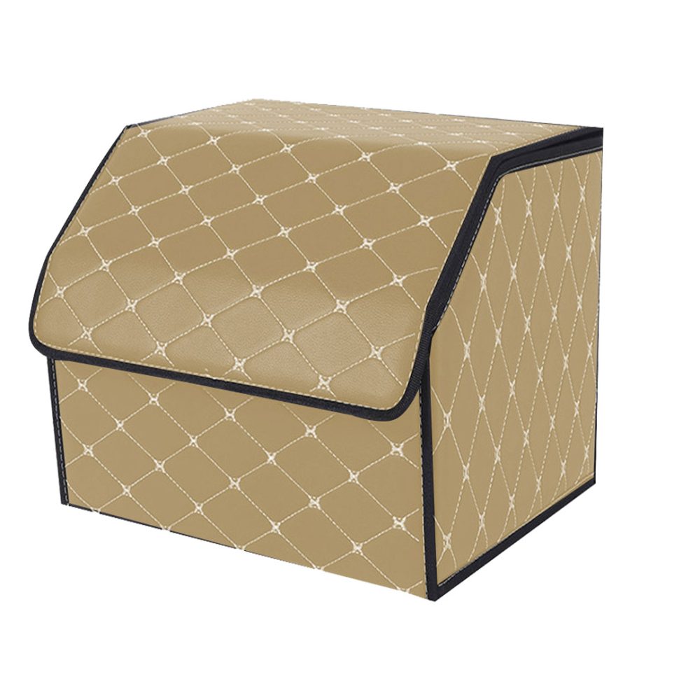 1-SOGA Leather Car Boot Collapsible Foldable Trunk Cargo Organizer Portable Storage Box Beige/Gold Stitch Small