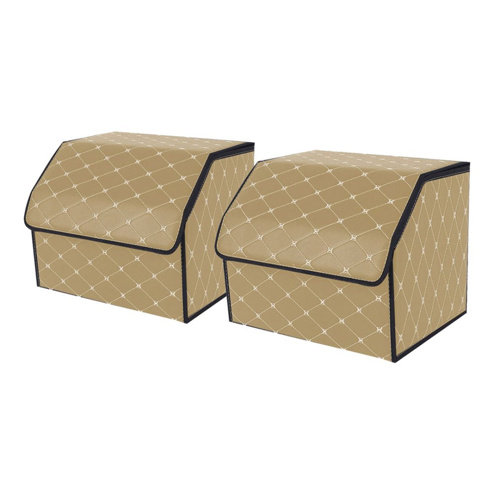 1-SOGA 2X Leather Car Boot Collapsible Foldable Trunk Cargo Organizer Portable Storage Box Beige/Gold Stitch Small