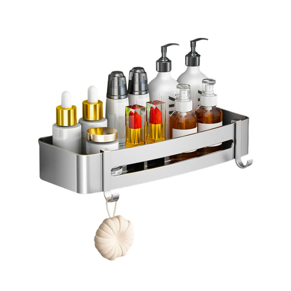 1-SOGA Silver Wall-Mounted Rectangular Bathroom Storage Organiser Space Saving Adhesive Shelf Rack with Hooks