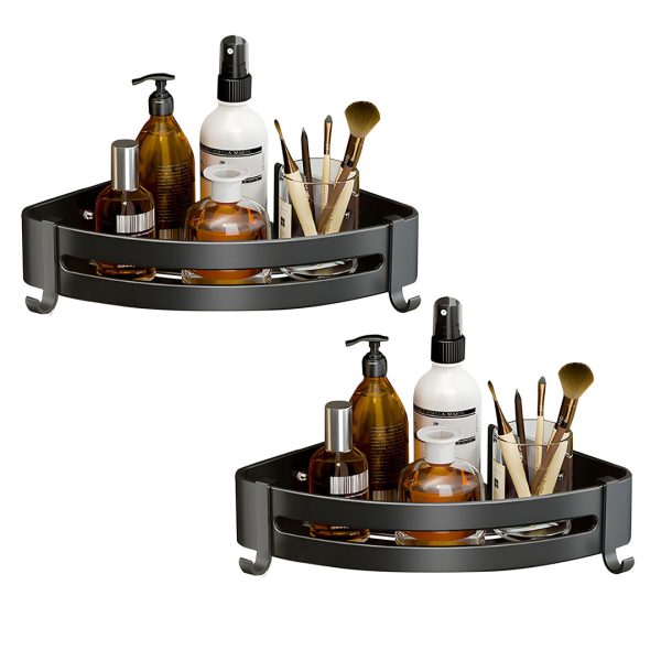 1-SOGA 2X Black Wall-Mounted Triangular Bathroom Storage Corner Vanity Organiser Space Saving Adhesive Shelf Rack with Hooks