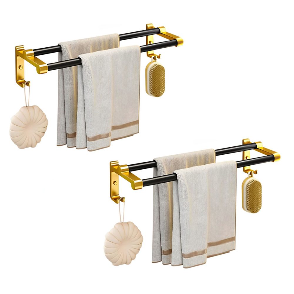 1-SOGA 2X 61cm Wall-Mounted Double Pole Towel Holder Bathroom Organiser Rail Hanger with Hooks