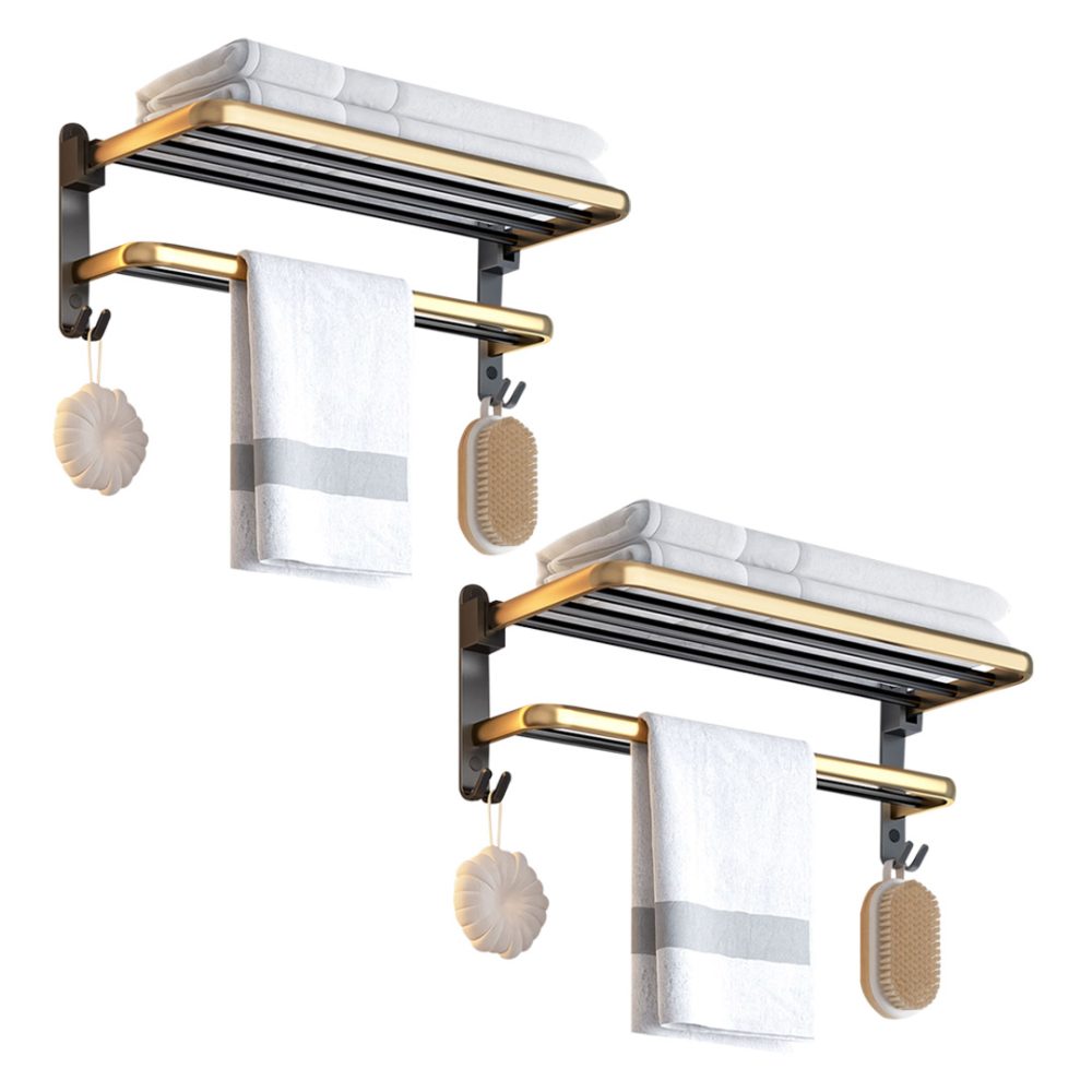 1-SOGA 2X 62cm Wall-Mounted Double Pole Towel Holder Bathroom Organiser Rail Hanger with Hooks