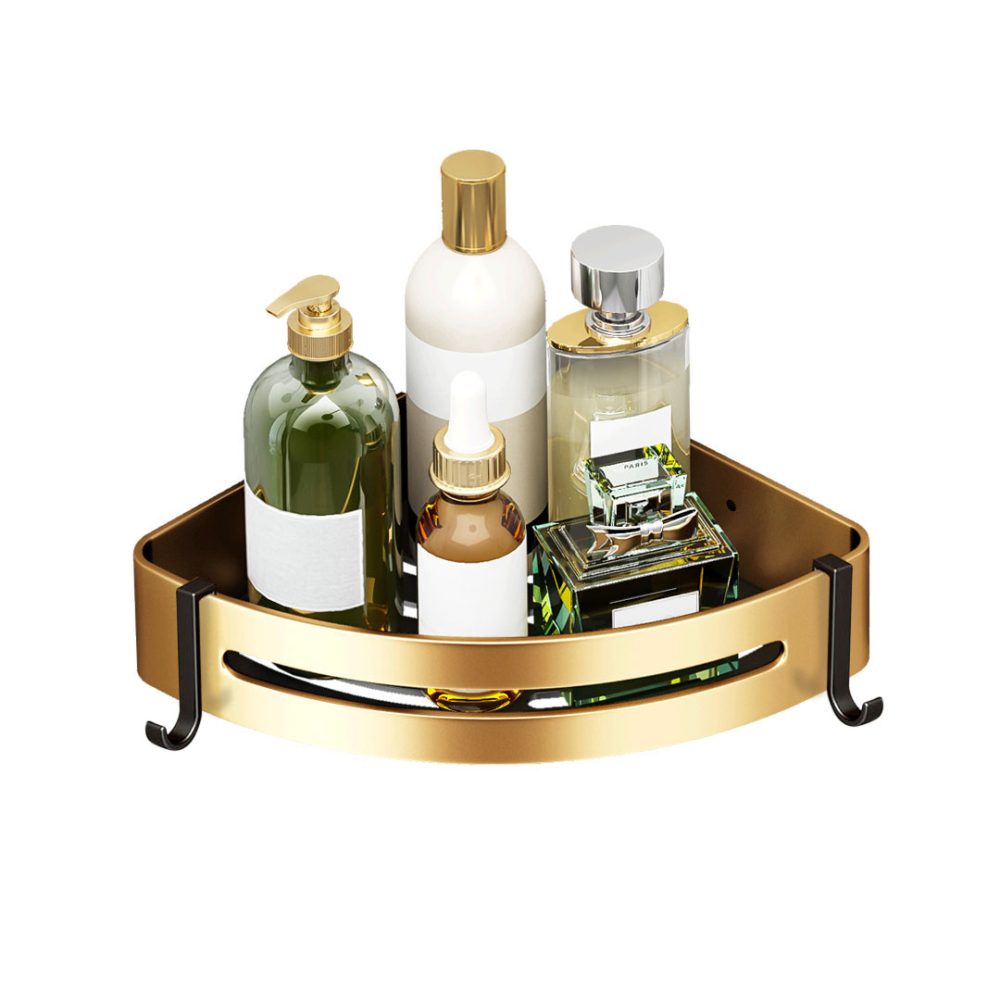 1-SOGA Gold Wall-Mounted Triangular Bathroom Storage Corner Vanity Organiser Space Saving Adhesive Shelf Rack with Hooks
