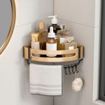 4-SOGA 2X Gold Wall-Mounted Triangular Bathroom Storage Corner Vanity Organiser Space Saving Adhesive Shelf Rack with Hooks