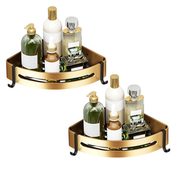1-SOGA 2X Gold Wall-Mounted Triangular Bathroom Storage Corner Vanity Organiser Space Saving Adhesive Shelf Rack with Hooks
