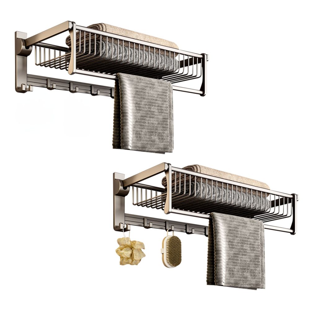 1-SOGA 2X 61cm Gray Wall-Mounted Double Pole Towel Holder Bathroom Organiser Rail Hanger with Hooks