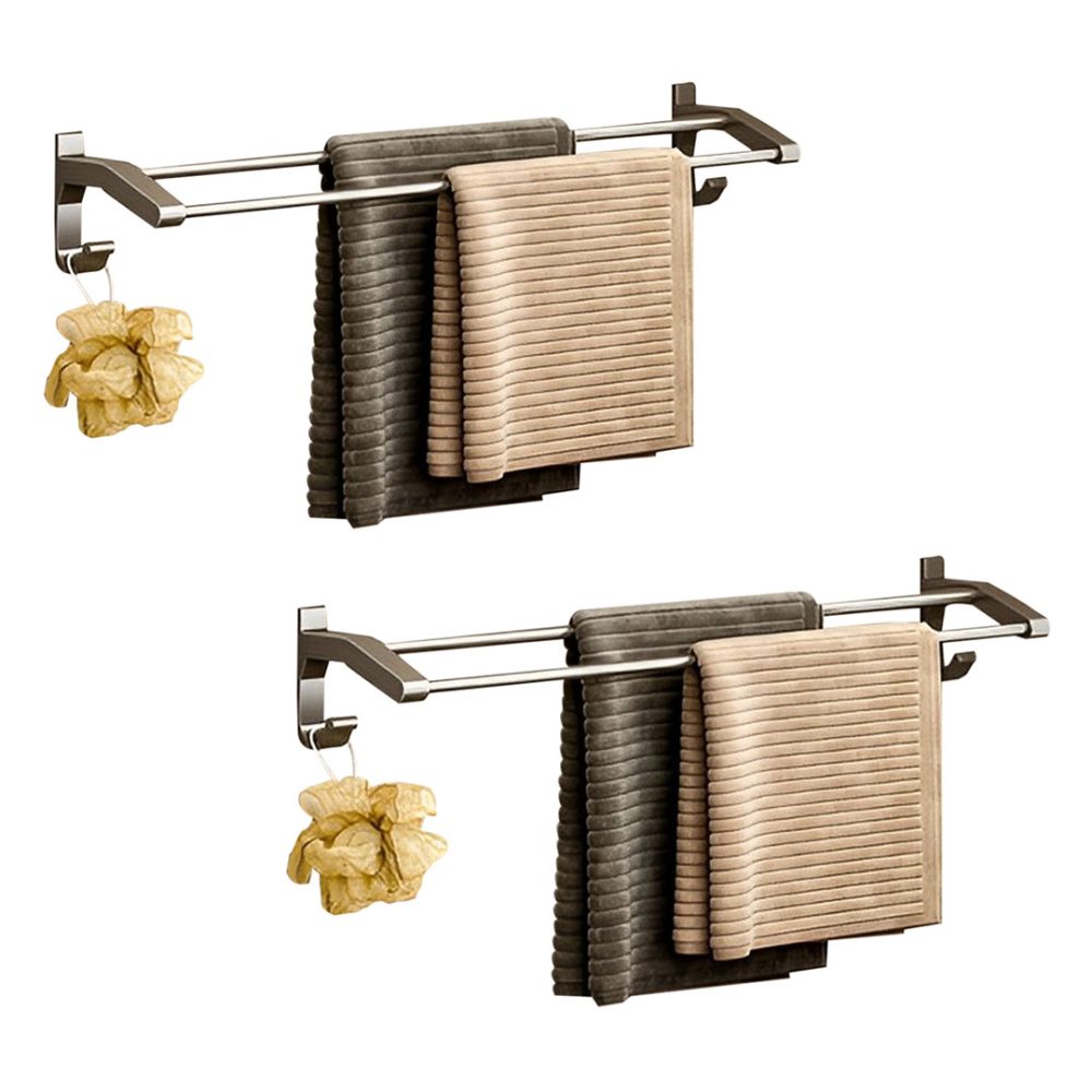 1-SOGA 2X 62cm Gray Wall-Mounted Double Pole Towel Holder Bathroom Organiser Rail Hanger with Hooks