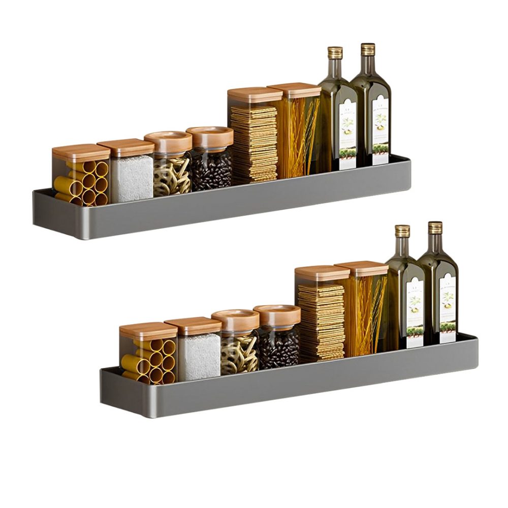 1-SOGA 2X 32cm Black Wall-Mounted Rectangular Kitchen Spice Storage Organiser Space Saving Condiments Shelf Rack