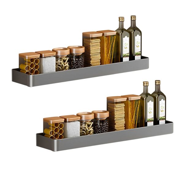 1-SOGA 2X 42cm Black Wall-Mounted Rectangular Kitchen Spice Storage Organiser Space Saving Condiments Shelf Rack