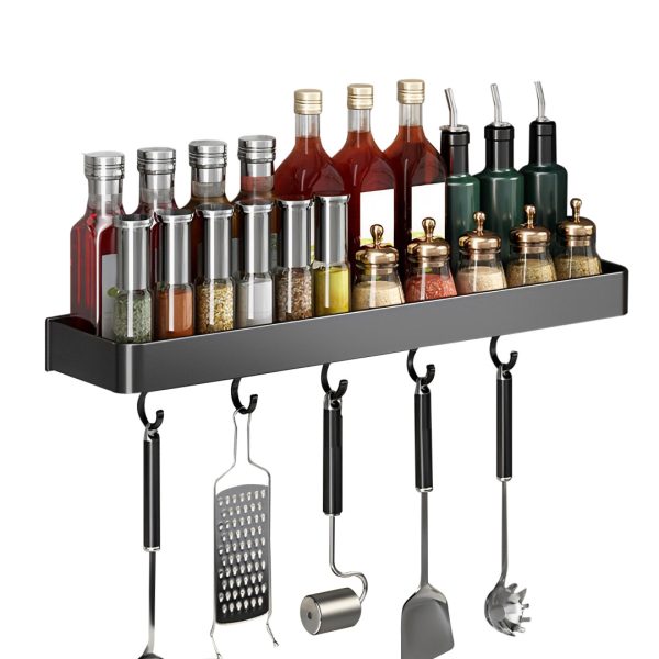 1-SOGA 30cm Black Wall-Mounted Rectangular Kitchen Spice Storage Organiser Space Saving Condiments Shelf Rack with Hooks