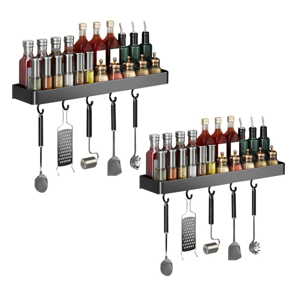 1-SOGA 2X 30cm Black Wall-Mounted Rectangular Kitchen Spice Storage Organiser Space Saving Condiments Shelf Rack with Hooks
