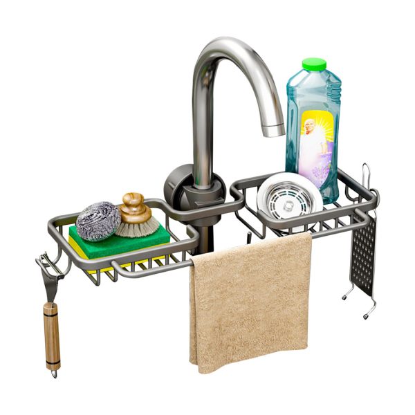 1-SOGA Dark Grey Kitchen Sink Organiser Faucet Soap Sponge Caddy Rack Drainer with Towel Bar Holder