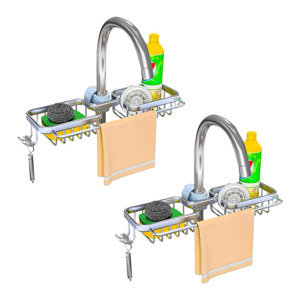 1-SOGA 2X Silver Kitchen Sink Organiser Faucet Soap Sponge Caddy Rack Drainer with Towel Bar Holder