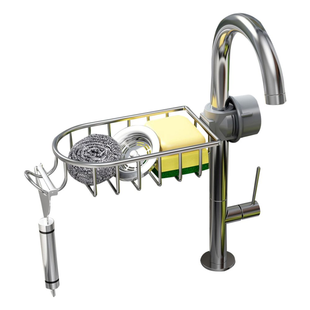 1-SOGA Silver Single Kitchen Sink Organiser Faucet Soap Sponge Caddy Rack Storage Drainer