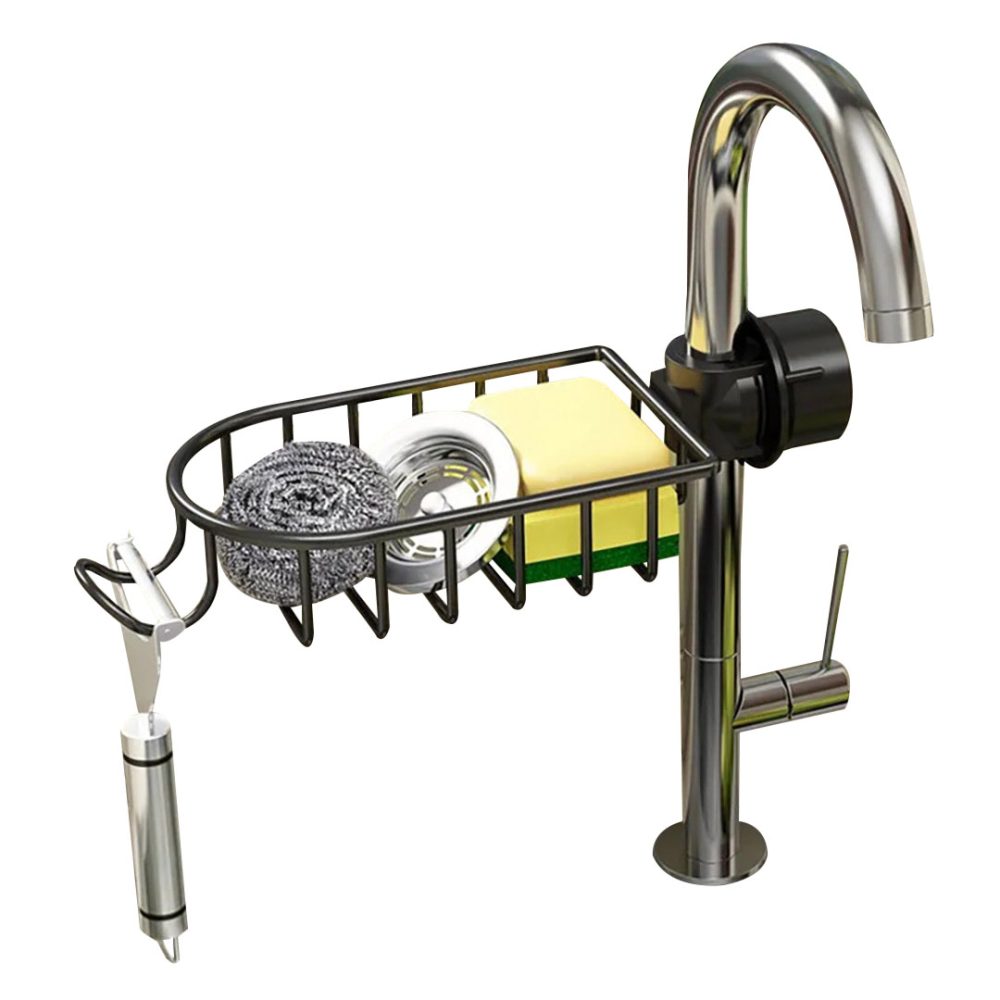 1-SOGA Black Single Kitchen Sink Organiser Faucet Soap Sponge Caddy Rack Storage Drainer