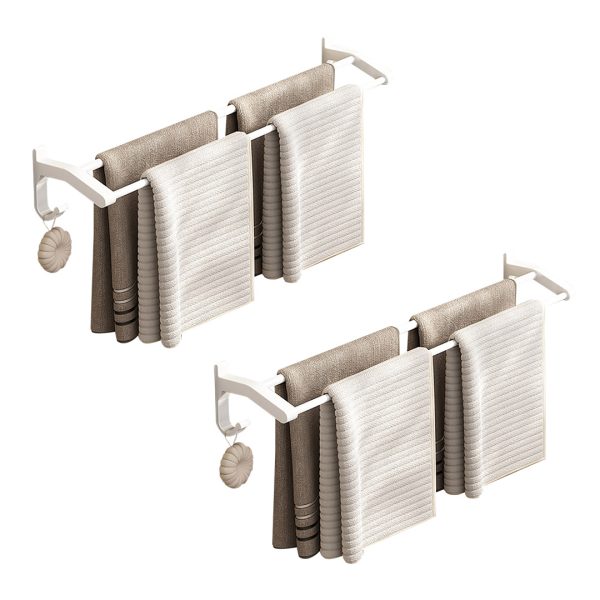 1-SOGA 2X 52cm White Wall-Mounted Double Pole Towel Holder Bathroom Organiser Rail Hanger with Hooks