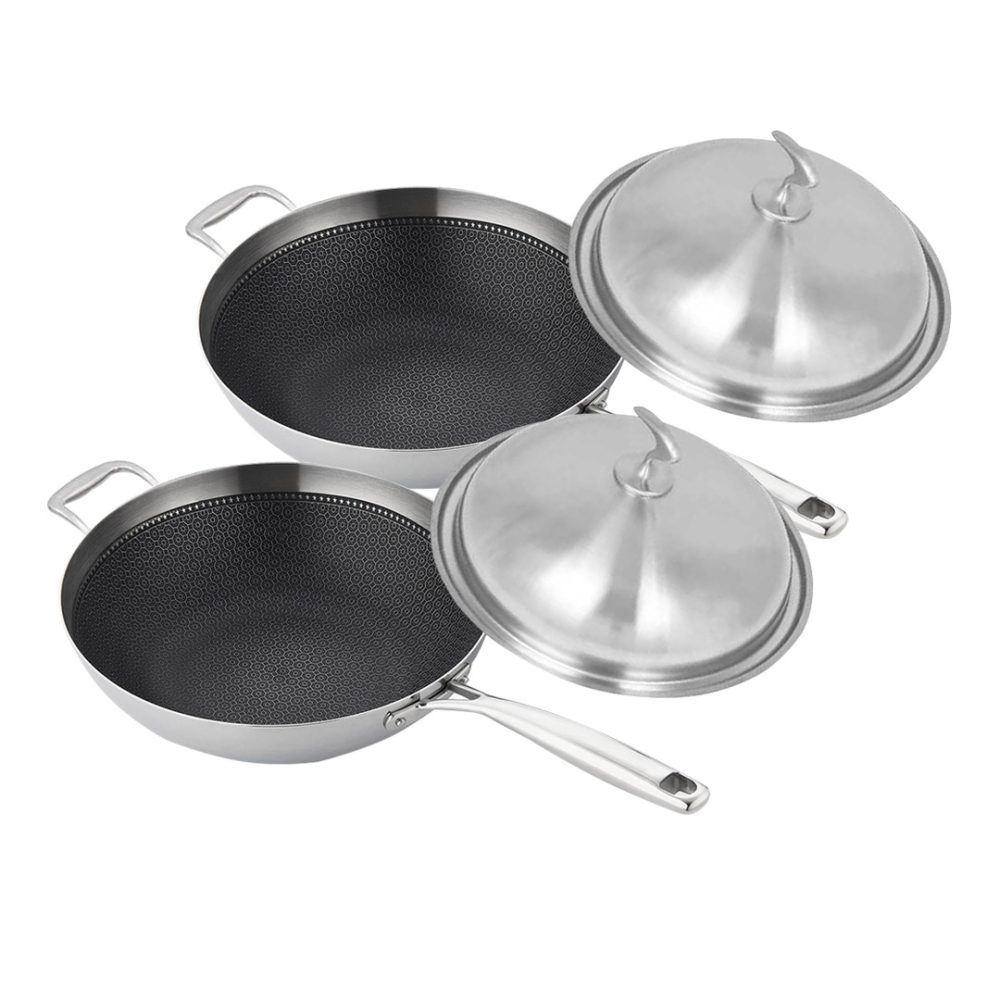 1-SOGA 2X 18/10 Stainless Steel Fry Pan 34cm Frying Pan Top Grade Textured Non Stick Interior Skillet with Helper Handle and Lid