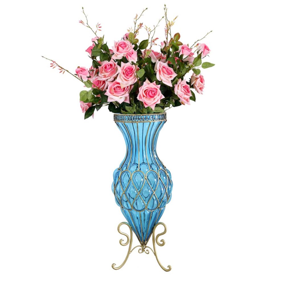 1-SOGA 67cm Blue Glass Tall Floor Vase and 12pcs Pink Artificial Fake Flower Set 1-SOGA 67cm Blue Glass Tall Floor Vase and 12pcs Pink Artificial Fake Flower Set