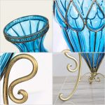 5-SOGA 67cm Blue Glass Tall Floor Vase and 12pcs Pink Artificial Fake Flower Set