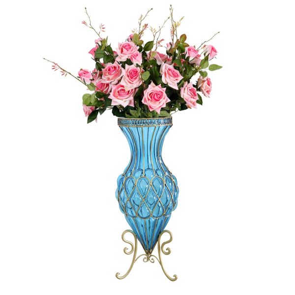 1-SOGA 67cm Blue Glass Tall Floor Vase and 12pcs Pink Artificial Fake Flower Set