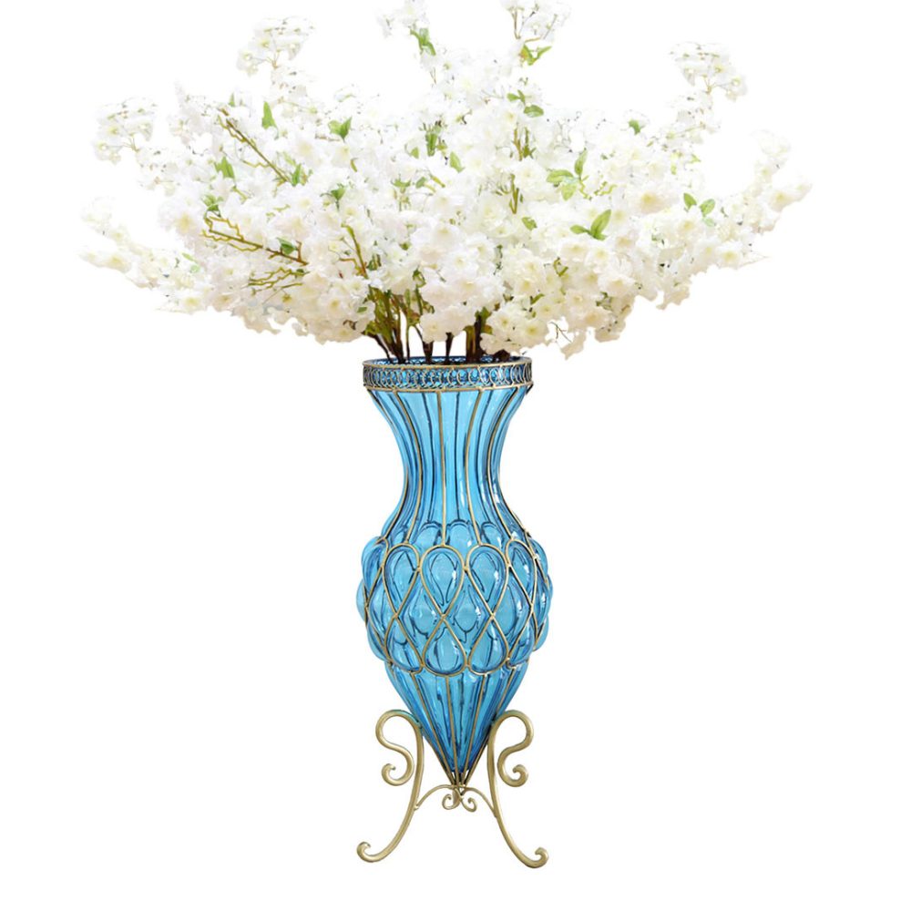 1-SOGA 67cm Blue Glass Tall Floor Vase with 10pcs White Artificial Fake Flower Set