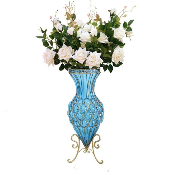 1-SOGA 67cm Blue Glass Tall Floor Vase and 12pcs White Artificial Fake Flower Set
