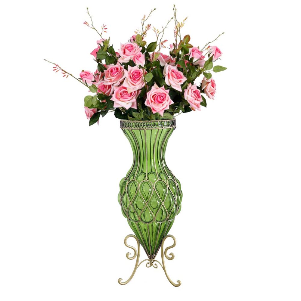 1-SOGA 67cm Green Glass Tall Floor Vase and 12pcs Pink Artificial Fake Flower Set 1-SOGA 67cm Green Glass Tall Floor Vase and 12pcs Pink Artificial Fake Flower Set